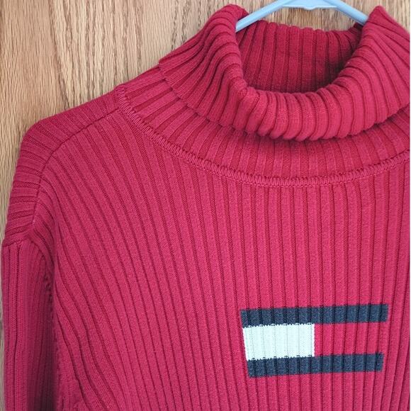 TOMMY HILFIGER XL Red Rib Knit Turtleneck Y2K Flag Logo Sweater Preppy Quietlux - Picture 13 of 13